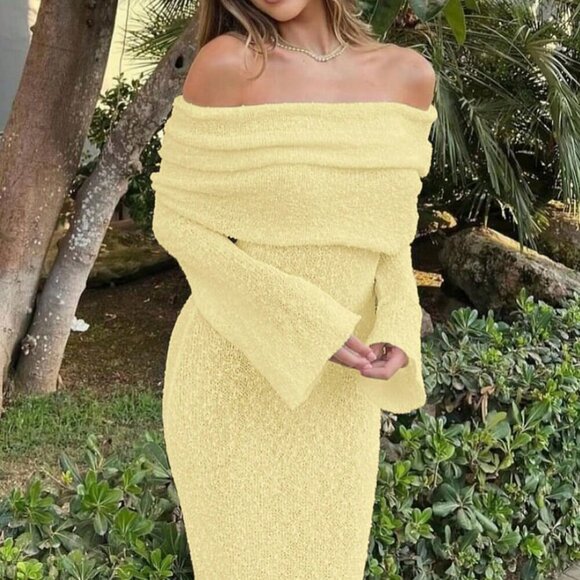 Light Yellow Elegant Women's Sexy Beach Vacation Off shoulder maxi Dress - Picture 6 of 10
